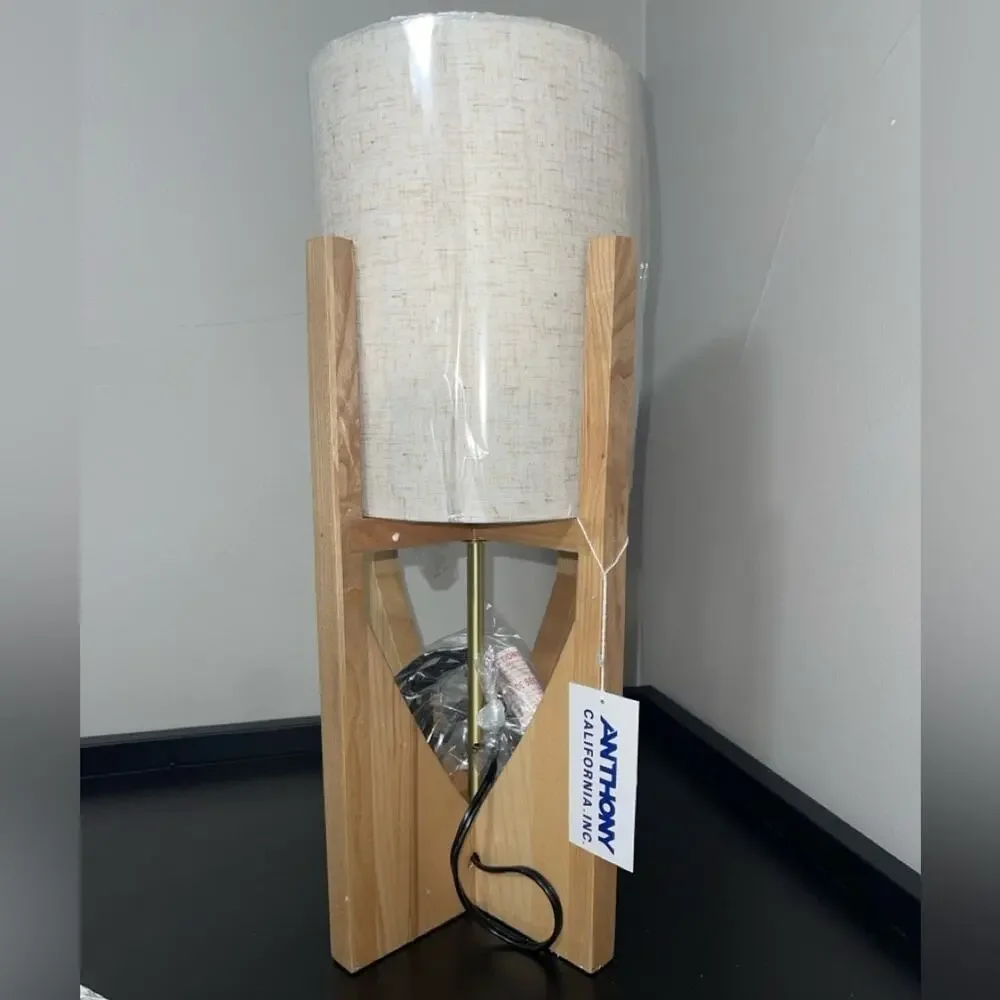 Anthony California Wood Cross Base Table Lamp Linen Shade NIB Mid Century Mod